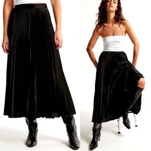 Abercrombie Satin Pleated Midi Skirt Black Large PETITE